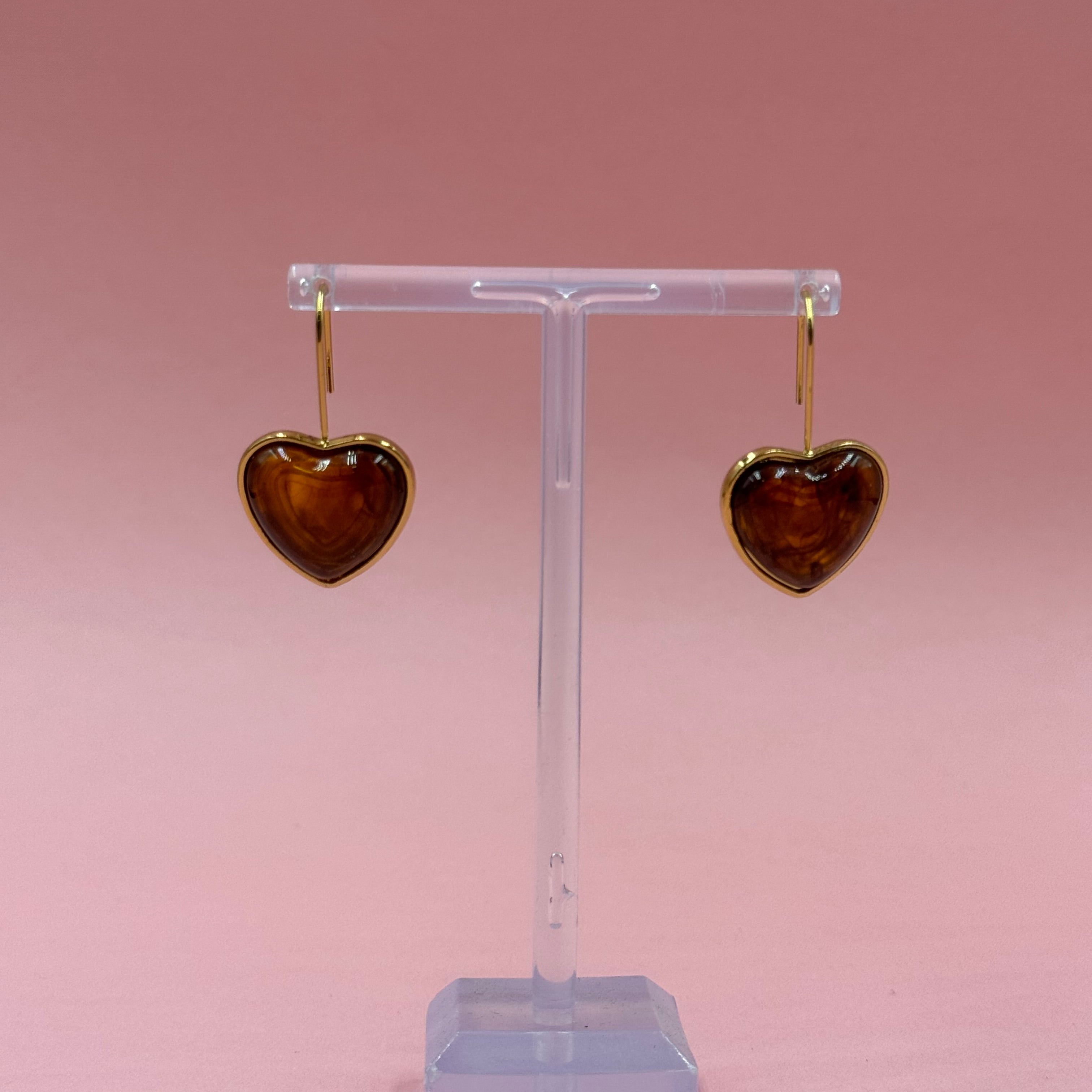 Amber hearts gold earrings